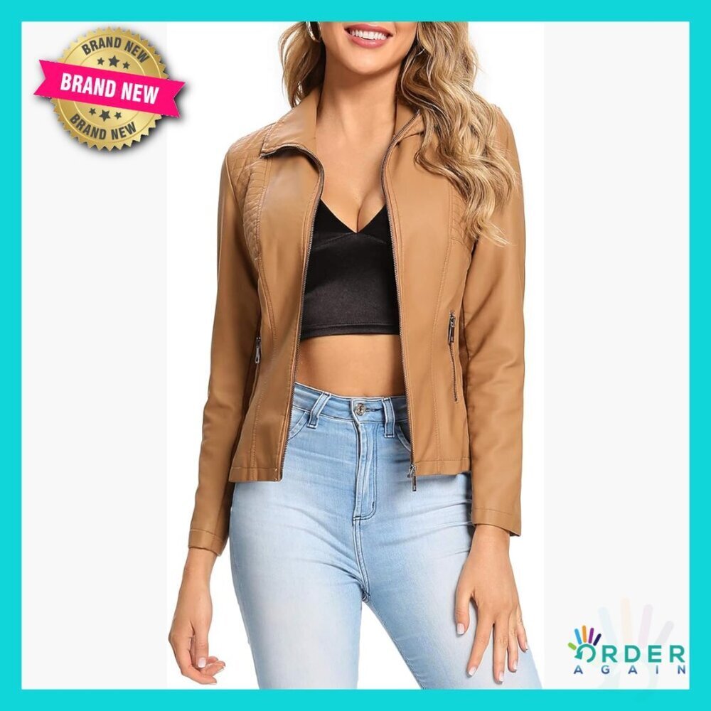 Faux Leather Quilted Jacket Classic Chic Casual Zip Up Coat Regular Fit